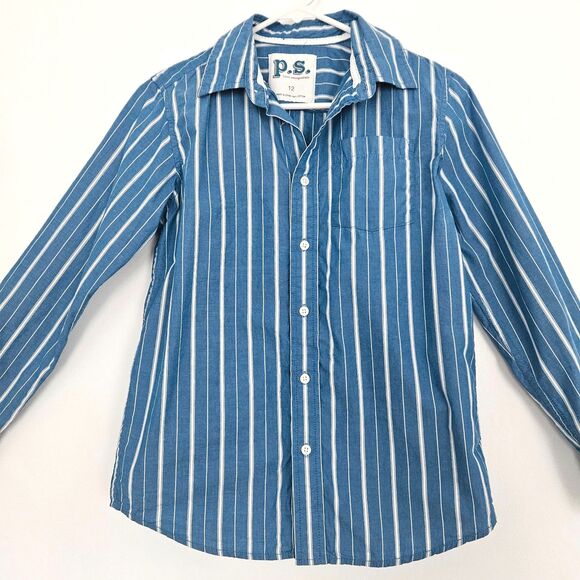 P.S. Aeropostale Boys Blue White Striped Button Down Shirt Size 12 - Picture 1 of 6